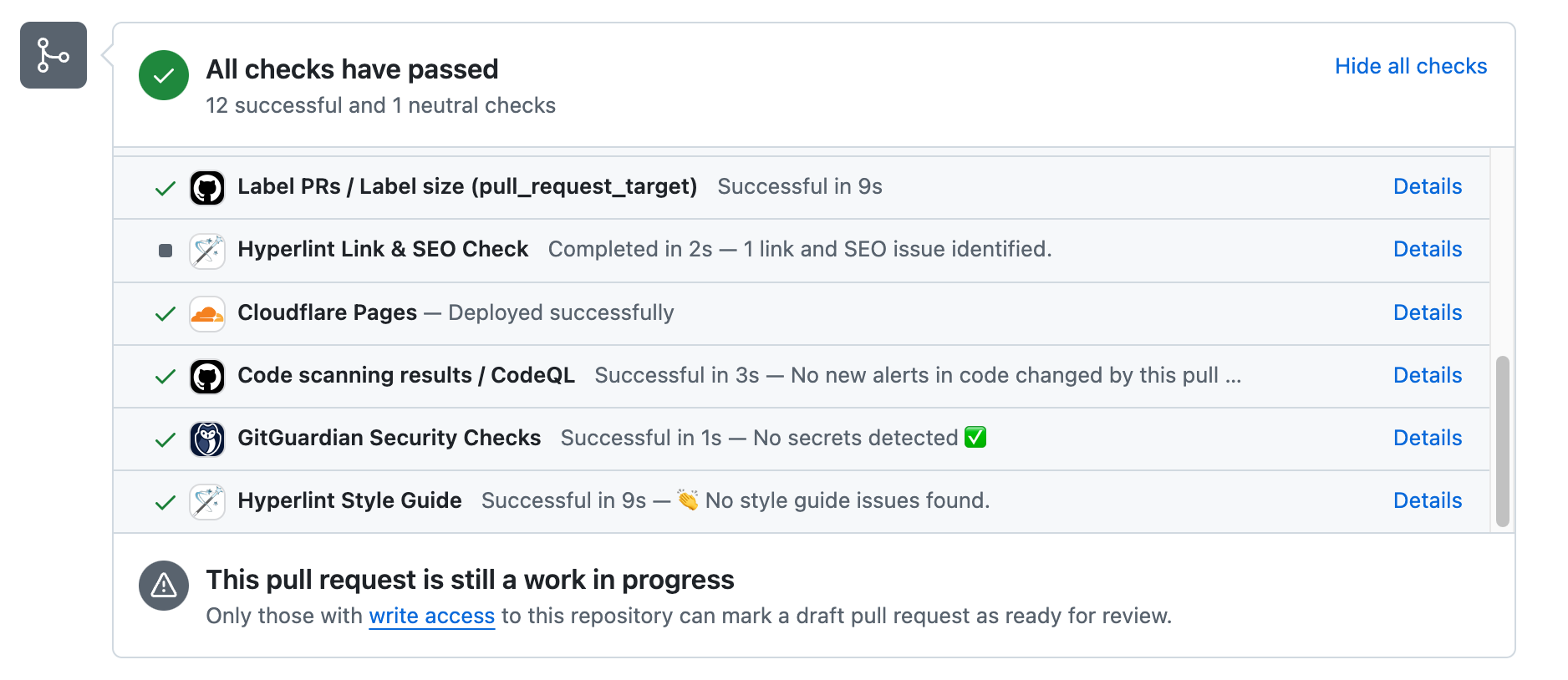 Screenshot of Hyperlint's automated review checks for a pull request, showing successful completion of label, SEO, Cloudflare, code scanning, and security checks.